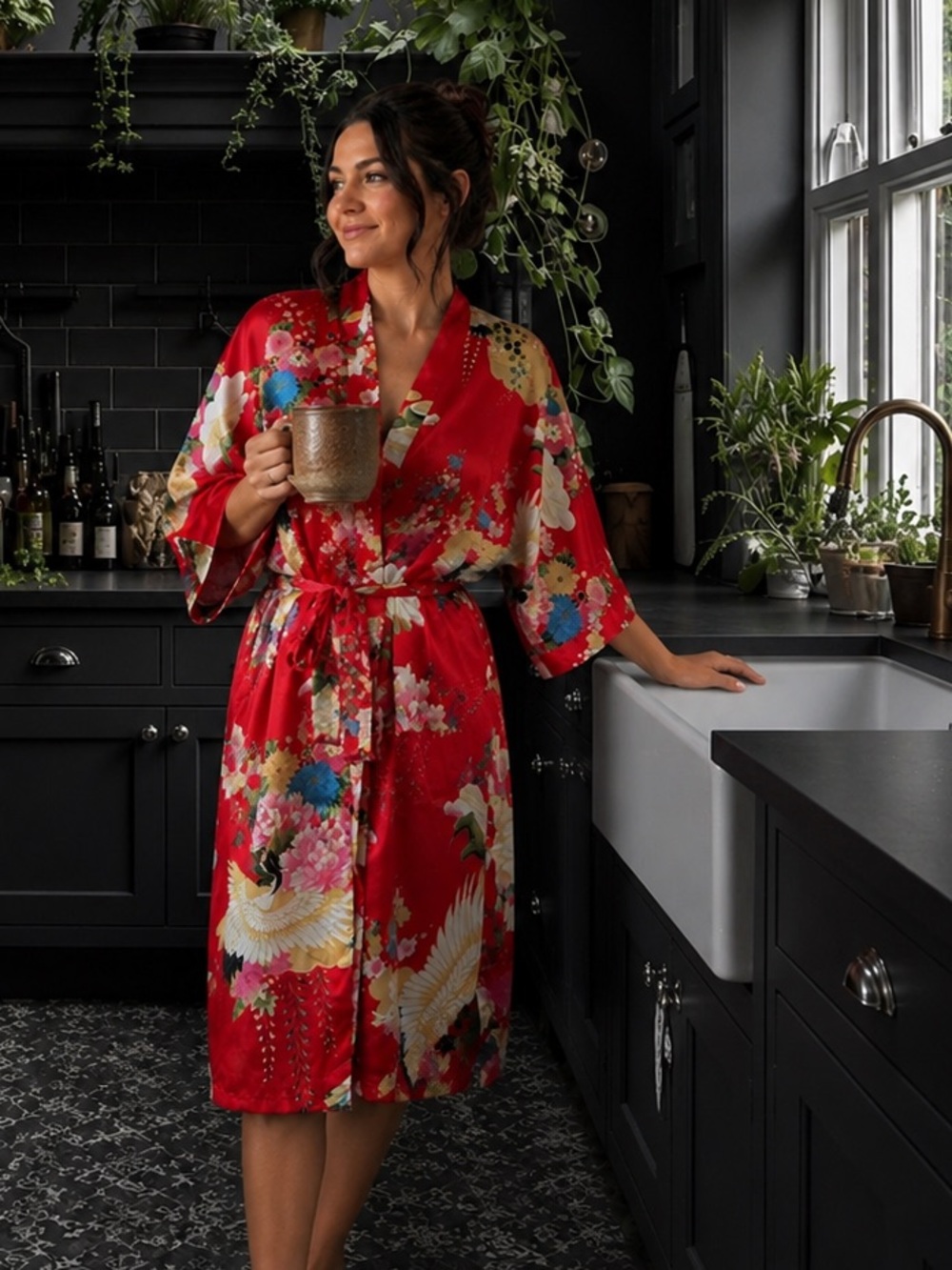 Vintage Red Silk Kimono Robe Crane Floral Print Japanese Style Belted Med/Lrg